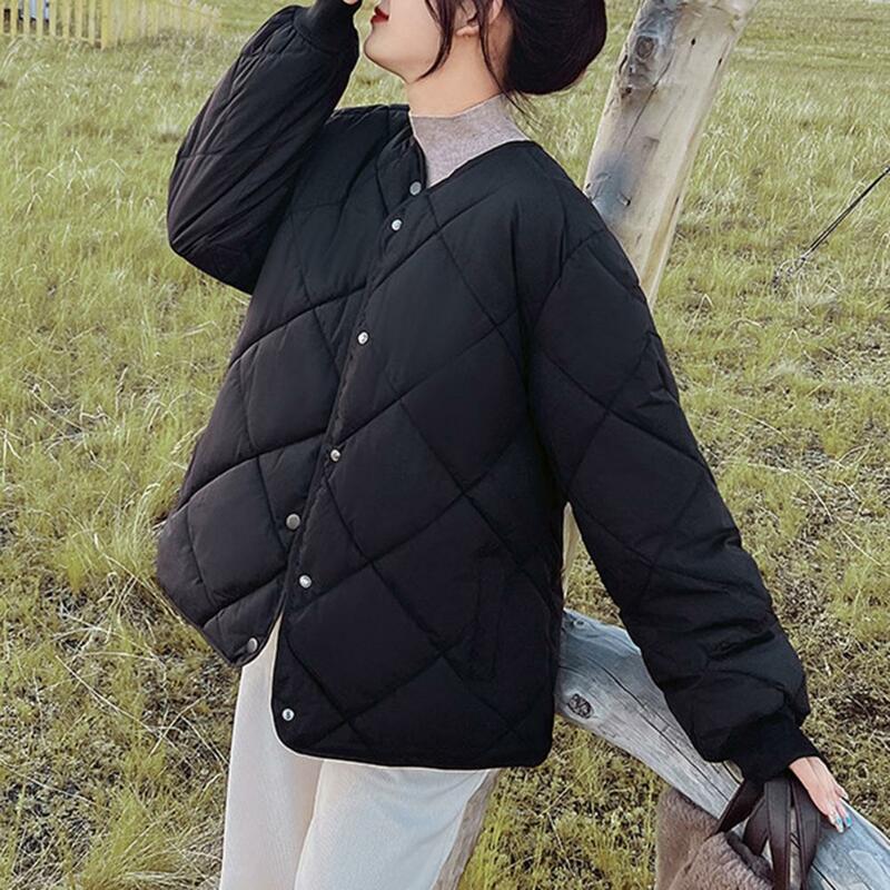Single-breasted Coat Women's Winter Cotton Coat with Single-breasted V Neck Padded Warm Soft Solid Color Long Sleeve Loose Fit