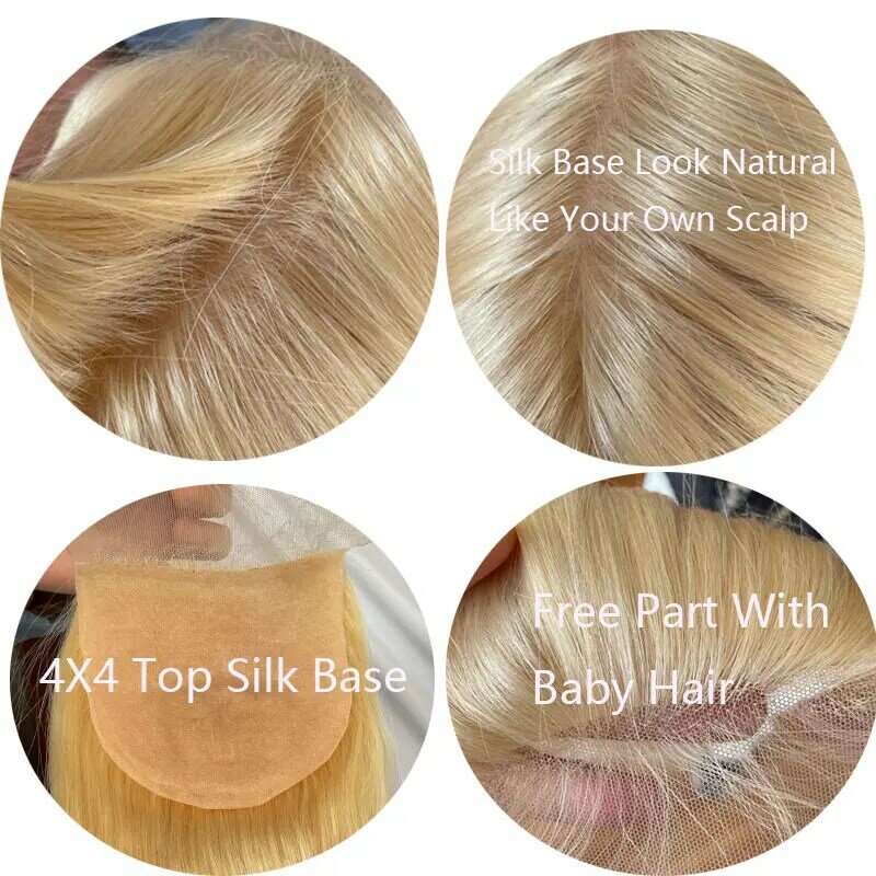Silk Base Closure 100% Brazilian Remy Hair 4x4inch To Silk Base Women Topper Straight And Body Wave Blonde 613# Color