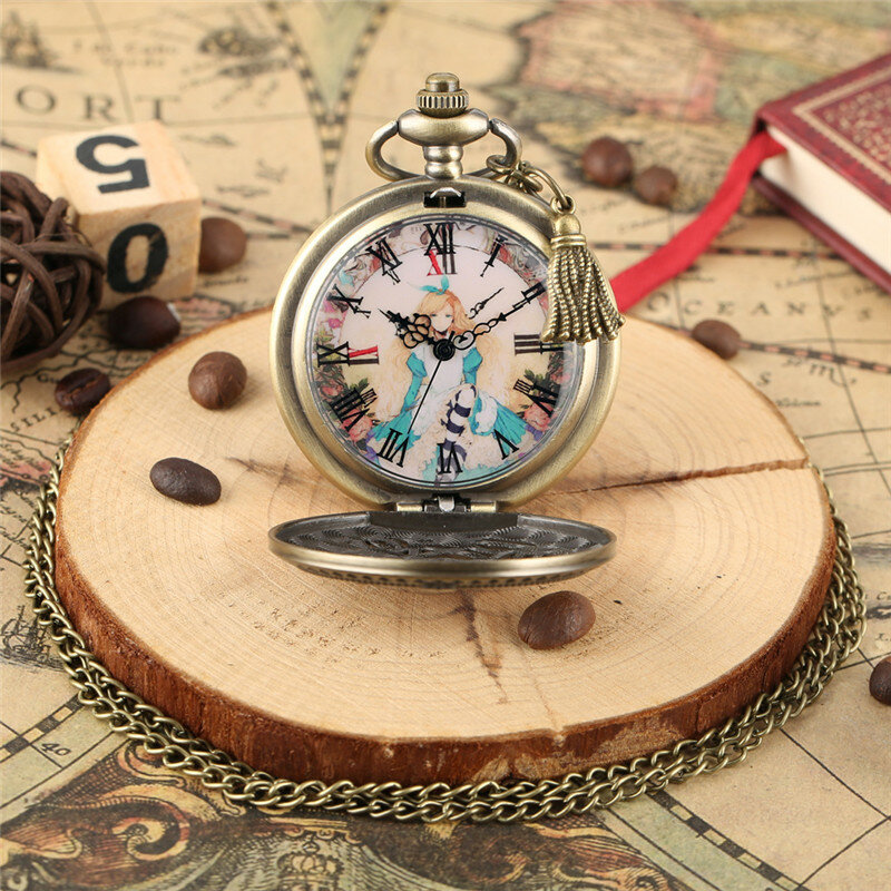 Antique Pocket Watch Hollow-Out Little Girl Design Princess Pattern Quartz Movement Clock for Women Lady with Sweater Chain