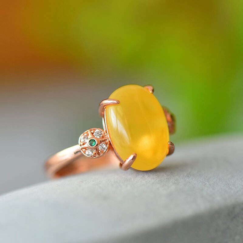 Anel de cera de abelha natural para mulheres, anéis âmbar ajustáveis, joias de pedras preciosas de luxo, charme retrô