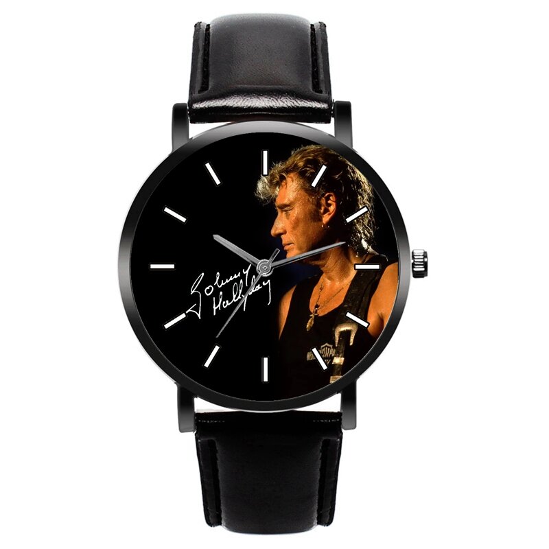 Johnny Hallyday นาฬิกาใหม่ทั้งหมดสีดำหนังควอตซ์ของขวัญแฟน