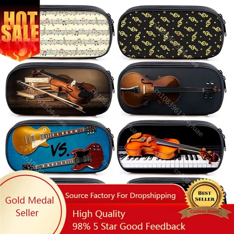 Music Notes Print Cosmetic Case Pencil Bag Guitar Violin Storage Stationary Bag Pencil Box Travel Organizer School Case Supplies
