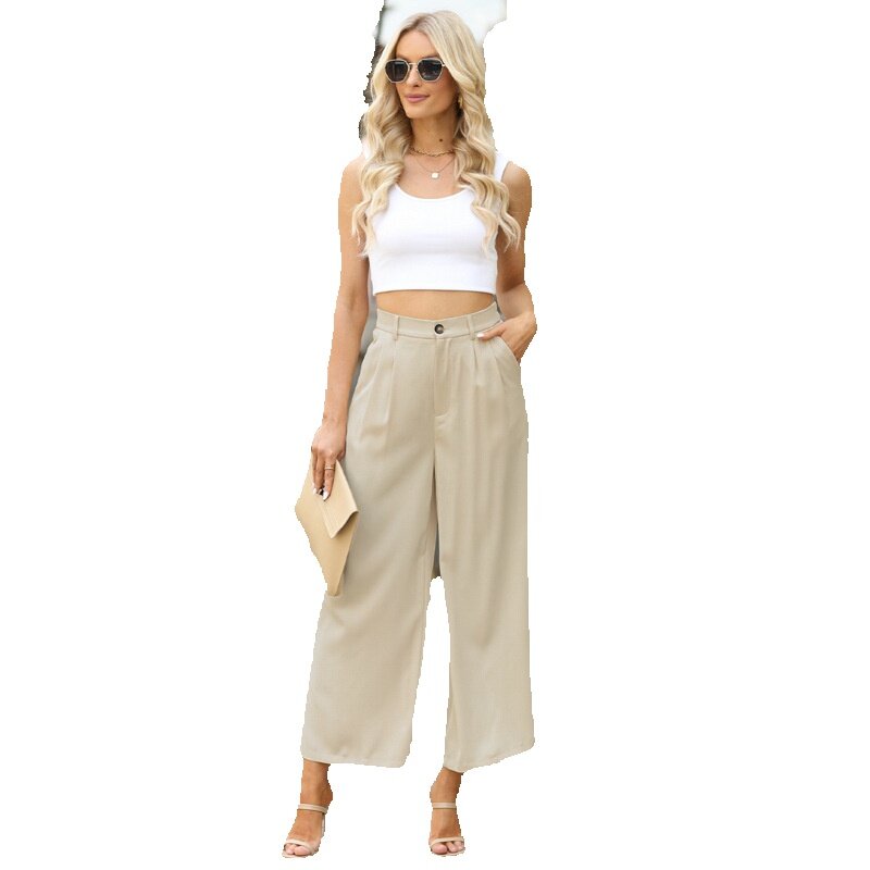Pantalones informales de Color liso para mujer, pantalón con botón fino, cintura alta, tubo recto de 9 puntos, novedad de verano