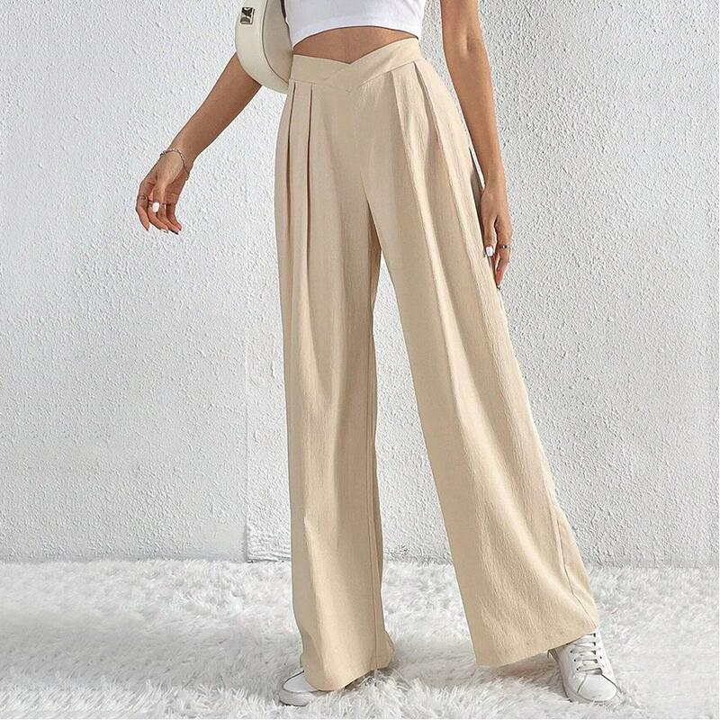 2024 New Fashion Women's Ruched Pockets Flared Pants V Cross High Waist Wide Leg Pants Trousers Casual Streetwear