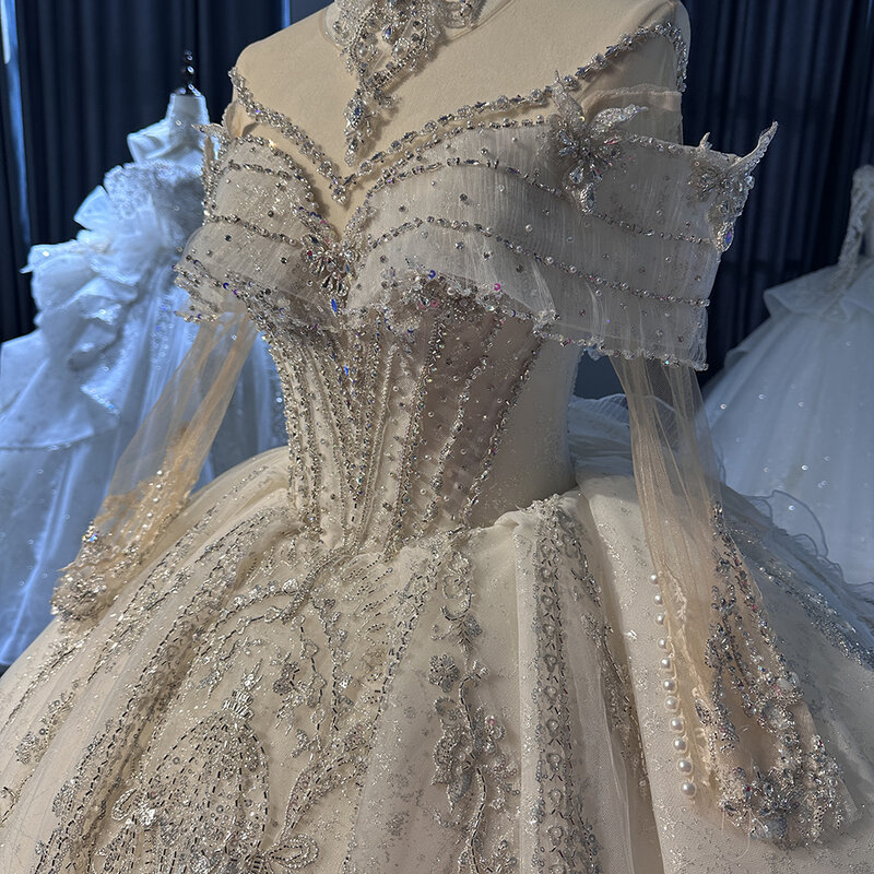 Międzynarodowa sprzedaż błyskawiczna suknie ślubne dla kobiet 2024 suknia balowa dla panny młodej z organzy pełne rękawy koraliki Vestido De Novia XS026