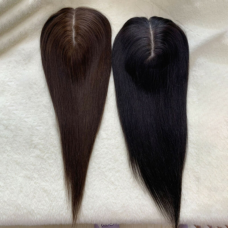 Coberturas de seda completas para mulheres, parte superior do couro cabeludo natural, cabelo humano, fechamento Toupee, extensões suaves, cor marrom escuro, 13x15cm