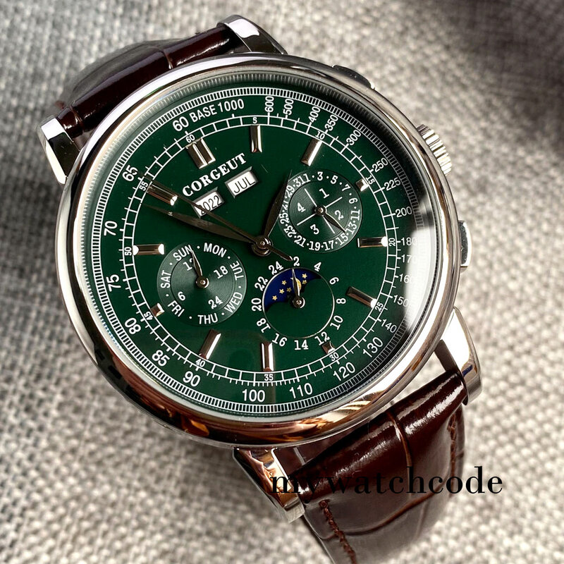 Corgeut สีเขียว/สีชมพู/สีขาว/สีดำ/สีฟ้า42Mm ST1655ขัดอัตโนมัติผู้ชายสายนาฬิกาข้อมือหนัง