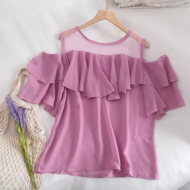 Sexy Off Shoulder Loose Blouse Summer Short Sleeve Hollow Out Pleated Patchwork Office Shirt Tops Fashion Elegant Women Clothing