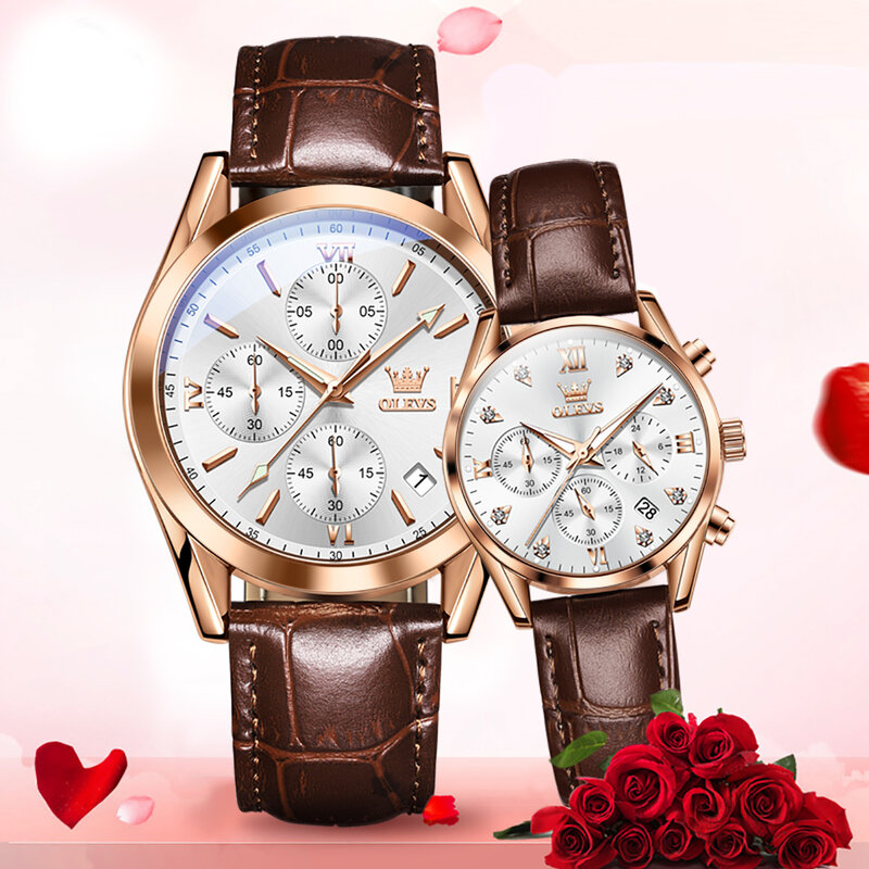 OLEVS Couple Watch for Men Women Waterproof Quartz Wristwatch Men Women Leather Strap Chronograph Design Lover's Watch Gifts