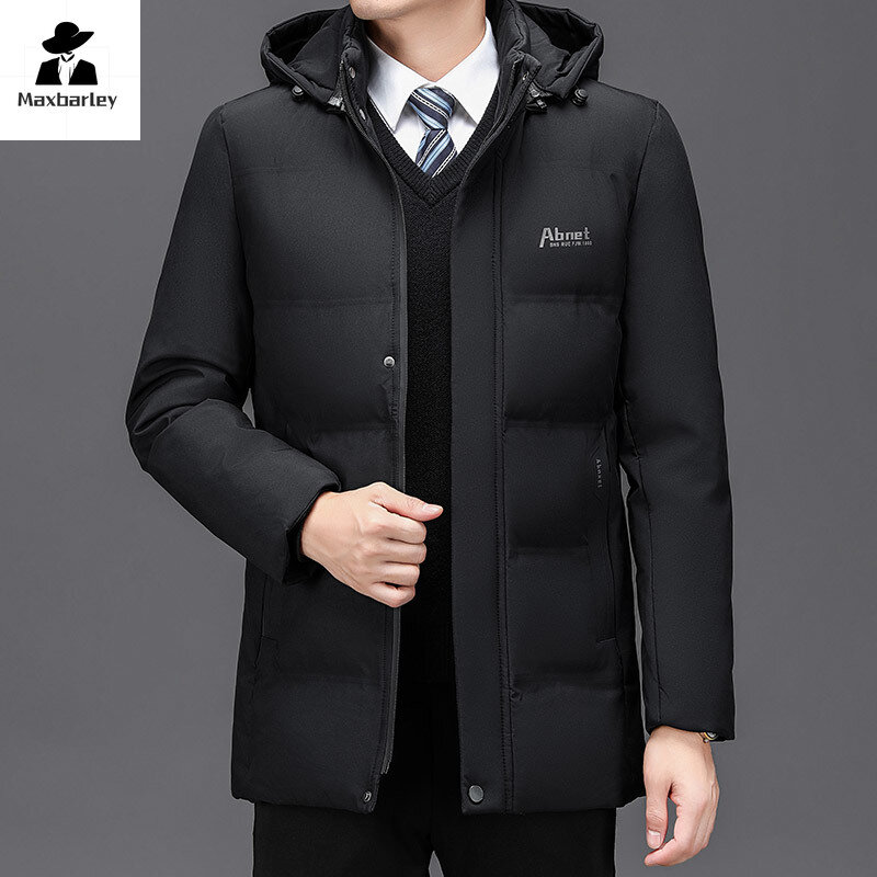 Jaket hangat berkerudung untuk pria, jaket panjang setengah berkerudung kasual tebal bisnis Slim Fit Parka Musim Dingin 2024