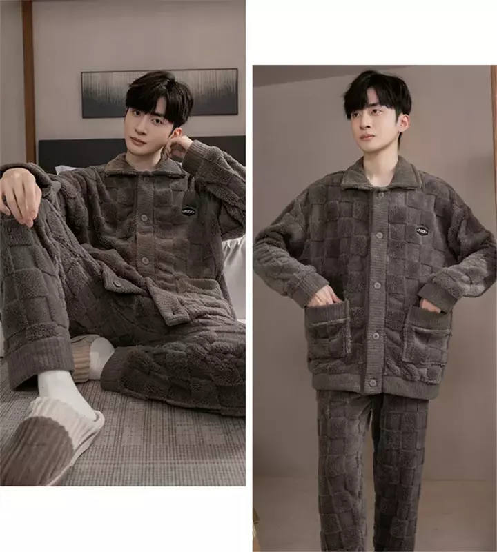 Men's Winter Warm Sleepwear Comfortable Coral Fleece Pajama Sets 2 Pieces Thickened Homewear for Men Warm Fleece Nightwear 3XL