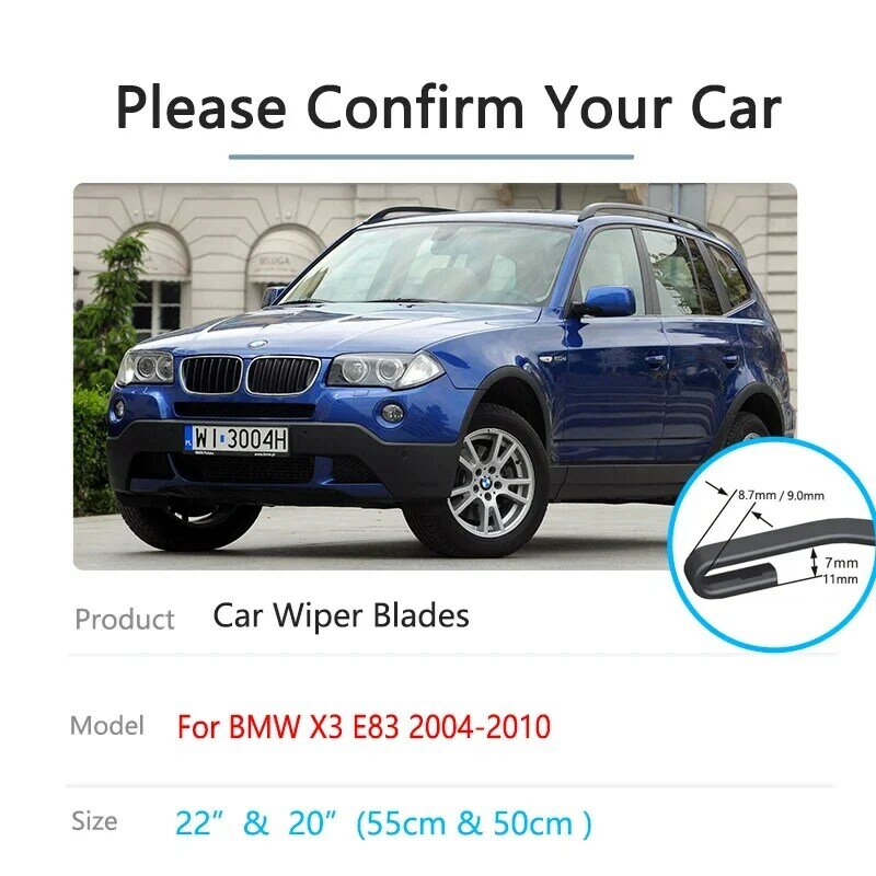 Set pisau Wiper untuk BMW X3 E83 2004 ~ 2010, Kit jendela tanpa bingkai karet pembersih Hatchback U J lengan kait
