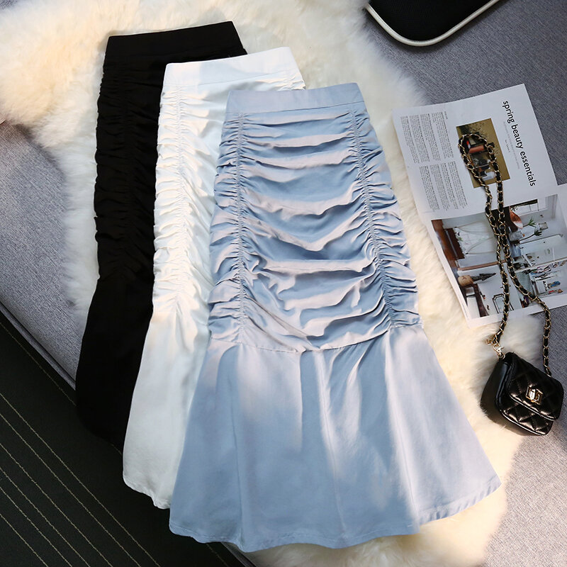 Wisher&Tong Women's Mermaid Skirt Hight Waist Folds Long Skirts Korean Fashion Pleated Midi Skirt 2022 Summer Jupe Femme