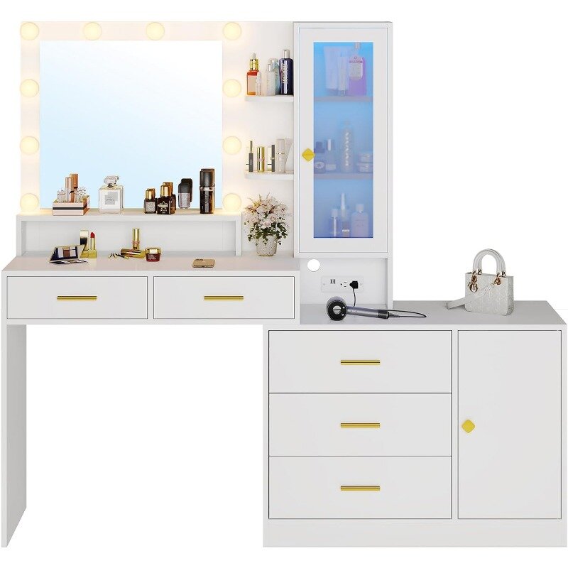 Bureau de maquillage avec lumières et miroir, grande table de vanité avec MELfur ser, station de charge et armoires RVB