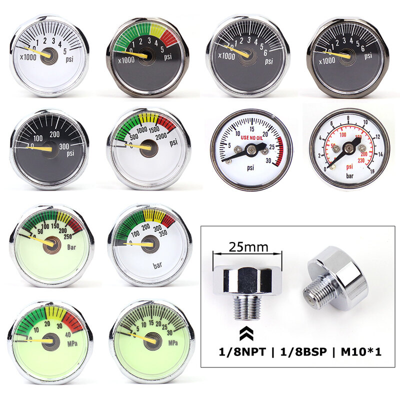 Mini manómetro de aire Micro manómetro, rosca 1/8BSP(G1/8) 1/8NPT M10 M8 | 30PSI 300PSI 5000PSI 6000PSI 350BAR