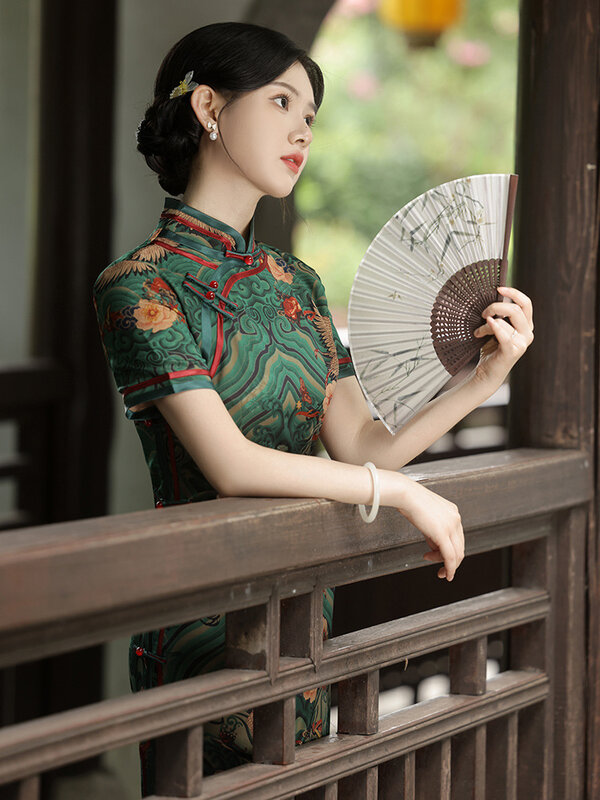 Hualuo-vestido Qipao de doble capa con mangas 2024, vestido mejorado con ocho botones laterales, otoño e invierno, 3/4