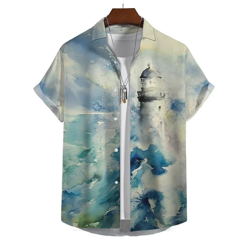 Camisa masculina com estampa 3D farol, blusa Hip Hop rua, camisas extragrandes, festa na praia, tops manga curta, roupas de verão