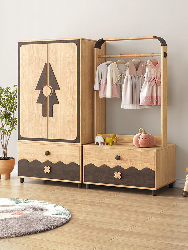 Children's Wardrobe Simple Assembly Hanger Household Bedroom Storage Cabinet Solid Wood Legs