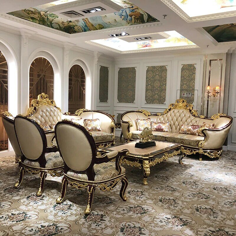 Sofá de couro estilo europeu 123 combinação high-end luxo grande família sala de estar primeiro andar couro decoração de madeira maciça