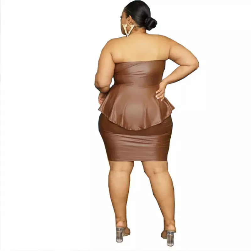 Conjunto de dos piezas de cuero sintético para mujer, falda Sexy de talla grande, Tops de tubo, ropa de verano, XL-5XL, 2023