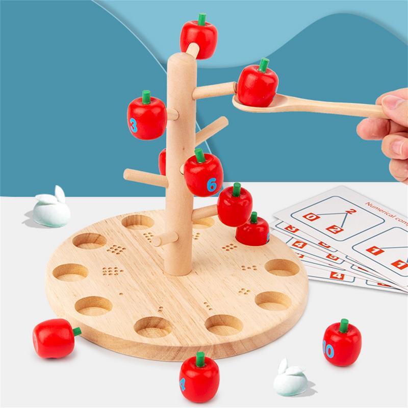 Rompecabezas Montessori de matemáticas para niños, juguete de árbol frutal de madera, divertido juego de recolección de manzanas, Matemáticas cognitivas para la primera infancia, padres e hijos
