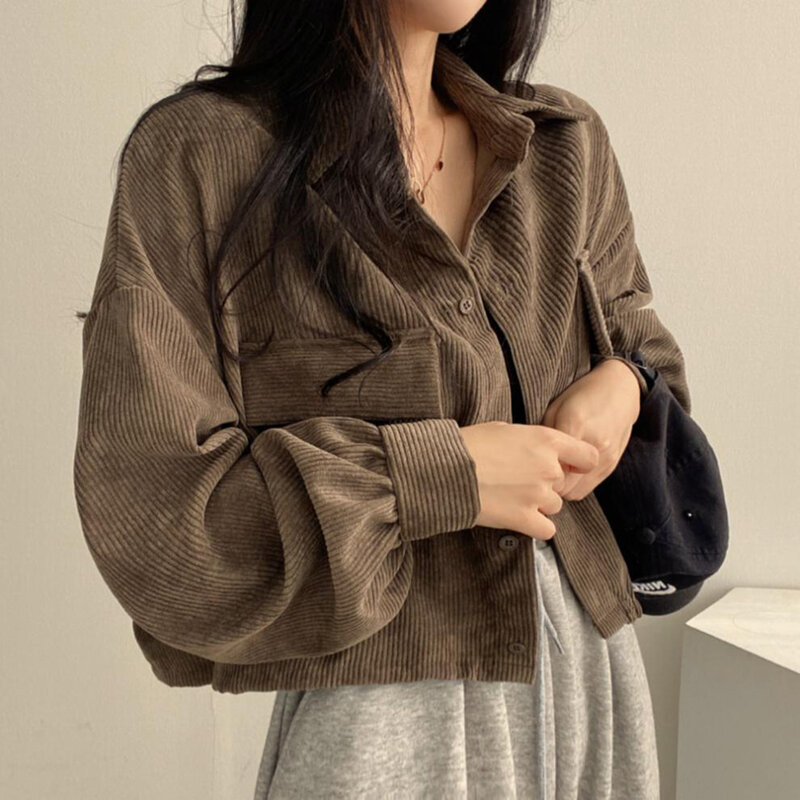 Corduroy Women Shirt Jacket Loose Korean Female Tops Vintage Casual Long Sleeve Blouses Autumn Outwear