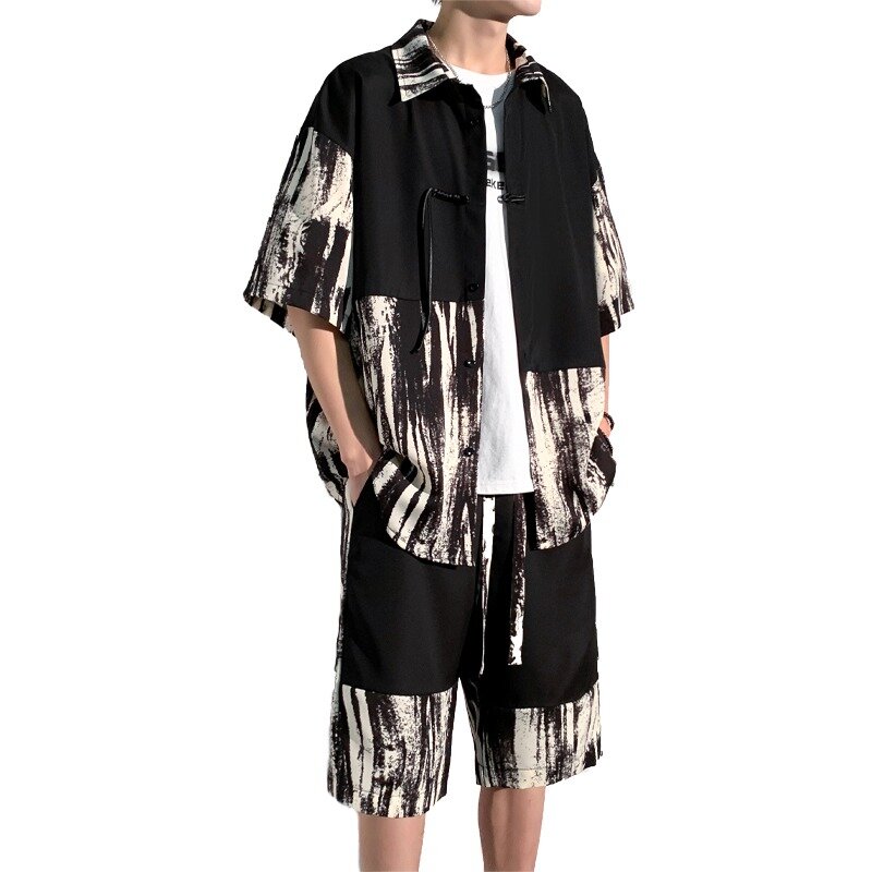 Camisa y pantalones cortos de manga corta con solapa de tela de seda de hielo Inky para hombre, 2 piezas