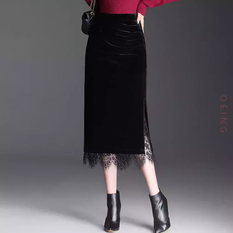 Lace Spliced Pleuche Slim Fit Casual Black Skirt Women Autumn Winter Elegant Vintage High Waist Bodycon Long Pencil Skirts 99639