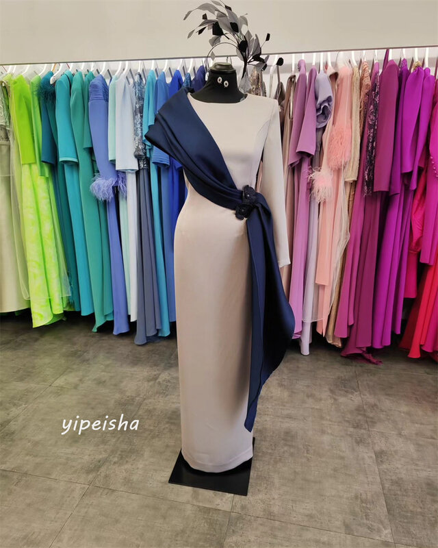Jersey Draped Pleat Flower Homecoming A-line O-Neck Bespoke Occasion Gown Long Dresses