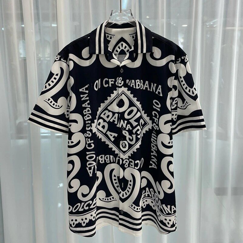 Shorts e camisa de praia masculina, estampa com letras preto e branco, camisas de seda vintage manga curta, alta qualidade, verão, 2024