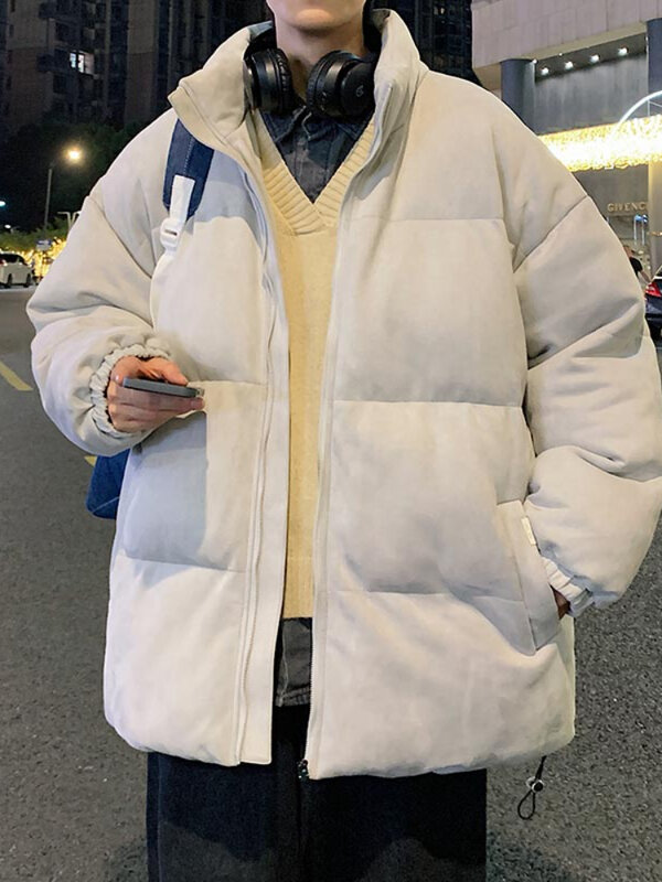 Jaket Puffer musim dingin pria, jaket Suede imitasi longgar parka hangat semua warna klasik untuk pria