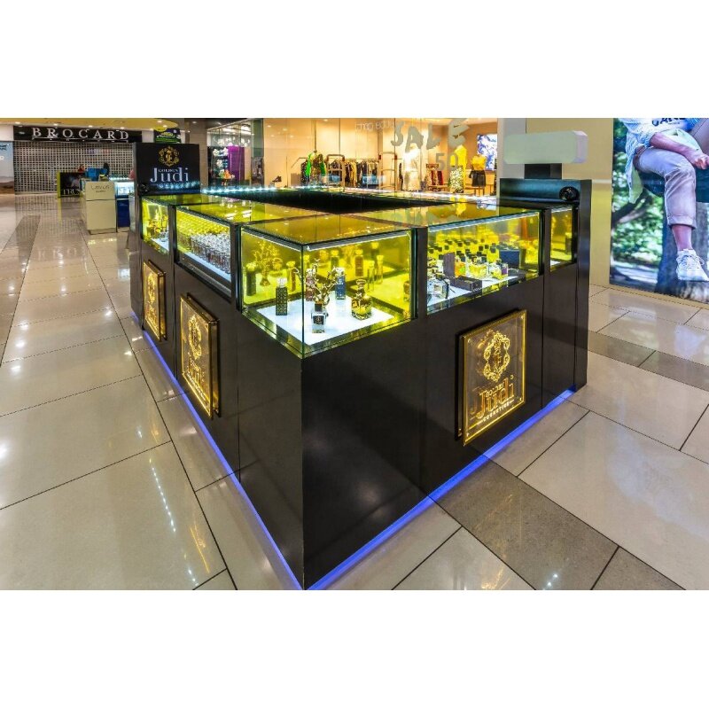 Kiosco de perfume personalizado de alta gama, escaparate con luz para exhibición de joyería de madera, diseño de quiosco de vidrio, exhibición de perfume 3D para centro comercial de lujo