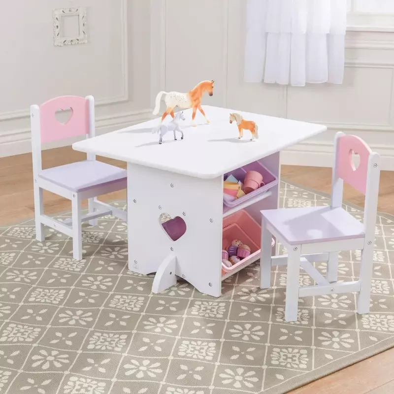 Drewniany stół z sercem i zestaw krzeseł z 4 pojemniki do przechowywania, meble dla dzieci-różowy, fioletowy i biały, prezent dla dzieci w wieku 3-8 lat