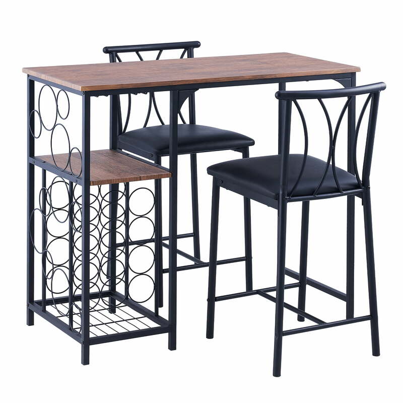 Набор барных столов из 3 предметов, столешница высотой, обеденный стол для бара со стандартной винной стойкой и держателем для бокалов, дерево, коричневый