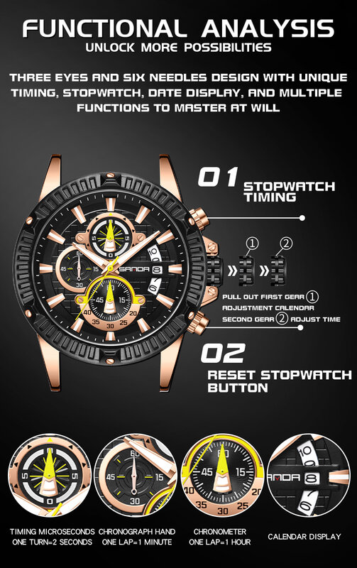 Relógio de pulso de quartzo de três olhos seis agulhas masculino, pulseira de silicone, impermeável, multifuncional, esportivo, 5511, 2024