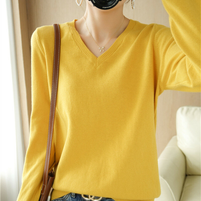 Spring Autumn Pure Cotton Thread Knitted Shirt Solid Color Women's V-neck Long Sleeve Thin Sweater Loose Pullover With Underlay