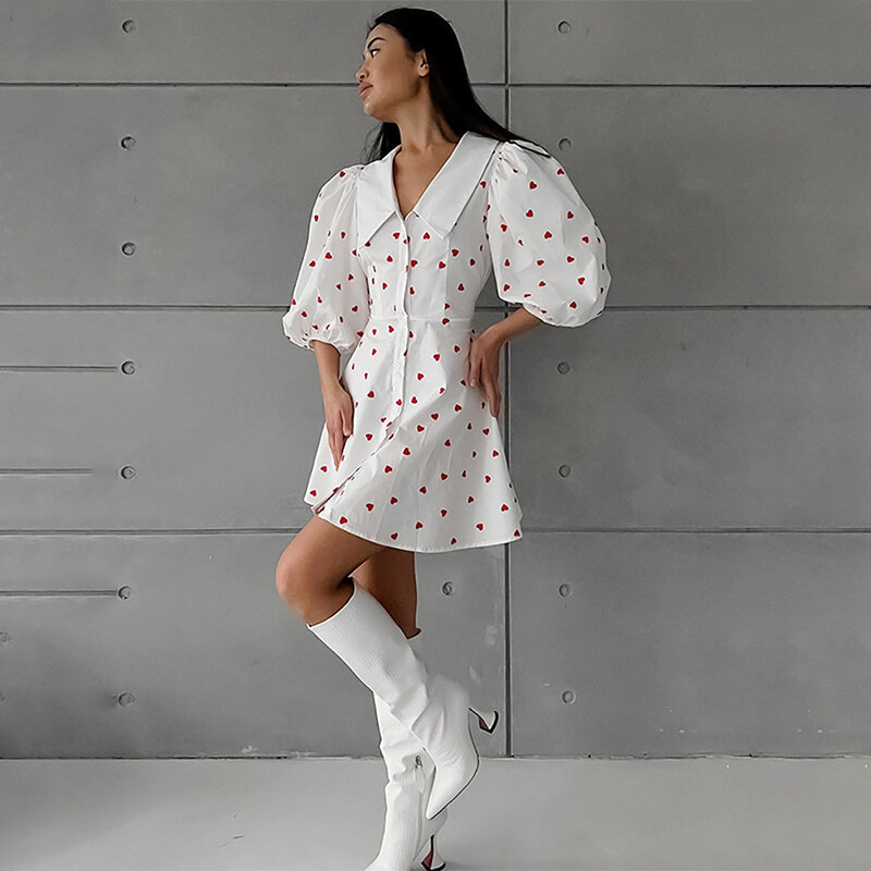 TARUXY-Vestido corto con estampado de manga abullonada para mujer, prenda elegante con solapa y una hilera de botones, informal, a la moda, para fiesta