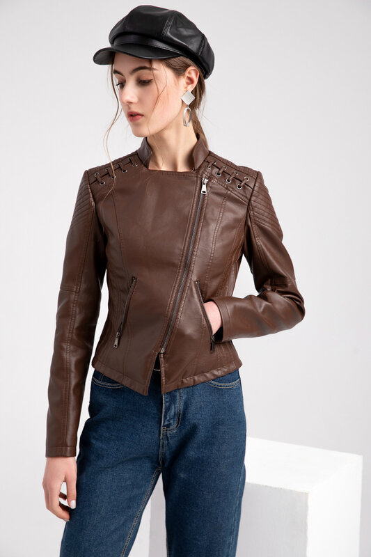 Jaqueta de couro fina para motociclista feminina, tamanho europeu, curta, fina, nova, primavera e outono, 2024