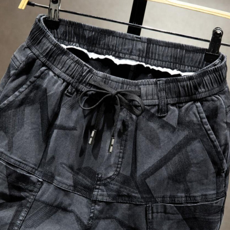 Men's Cargo Shorts Elastic Waist Male Short Pants Wide Loose Strech Multi Pocket Baggy with Draw String Streetwear Y2k Summer