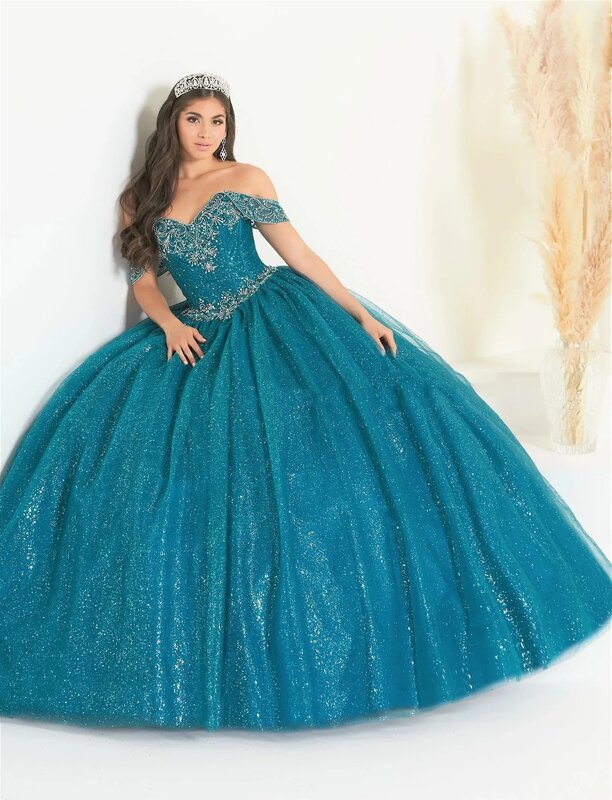 Doymeny Gold Beaded Quinceanera Dresses Floor Length Sparkling Tulle Off Shoulder Ball Gown Mexican Sweet 16 Dresses 15 Anos