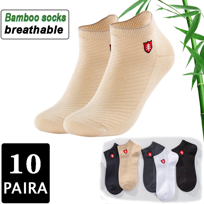 Chaussettes en Fiber de bambou pour hommes, 10 paires, de haute qualité, antibactériennes, déodorantes, brodées, bateau, chaussettes d'été, cadeaux, nouveauté 2020