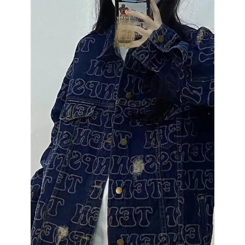 Net Red Hot Loose All over Print Hole in Jeans Jacket 2024 Early Spring New Loose Collar China-Chic Couple Jacket Commuter Print