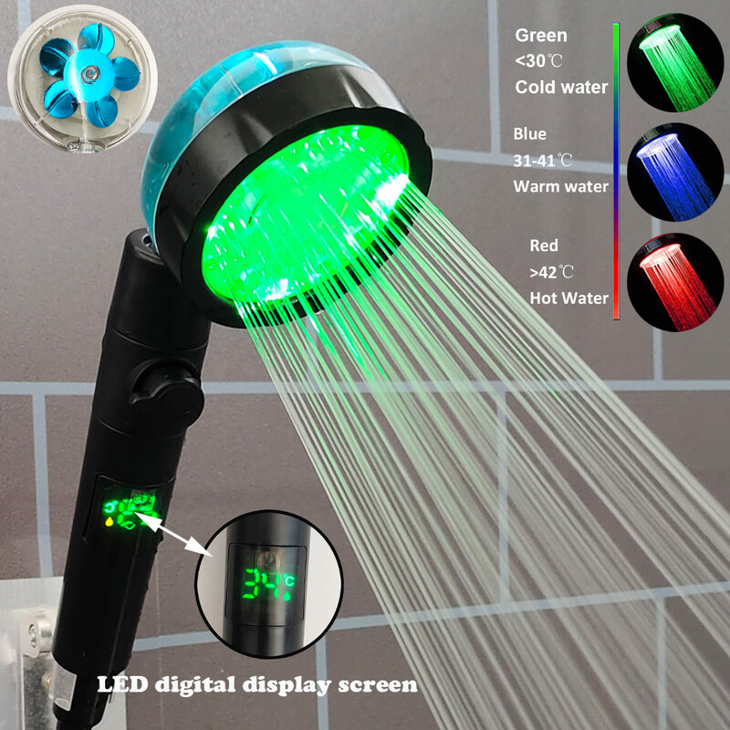Pommeau de douche haute pression avec affichage numérique de la température LED, pommeau de douche turbo HOHand, buse, changement de couleur, 3/7