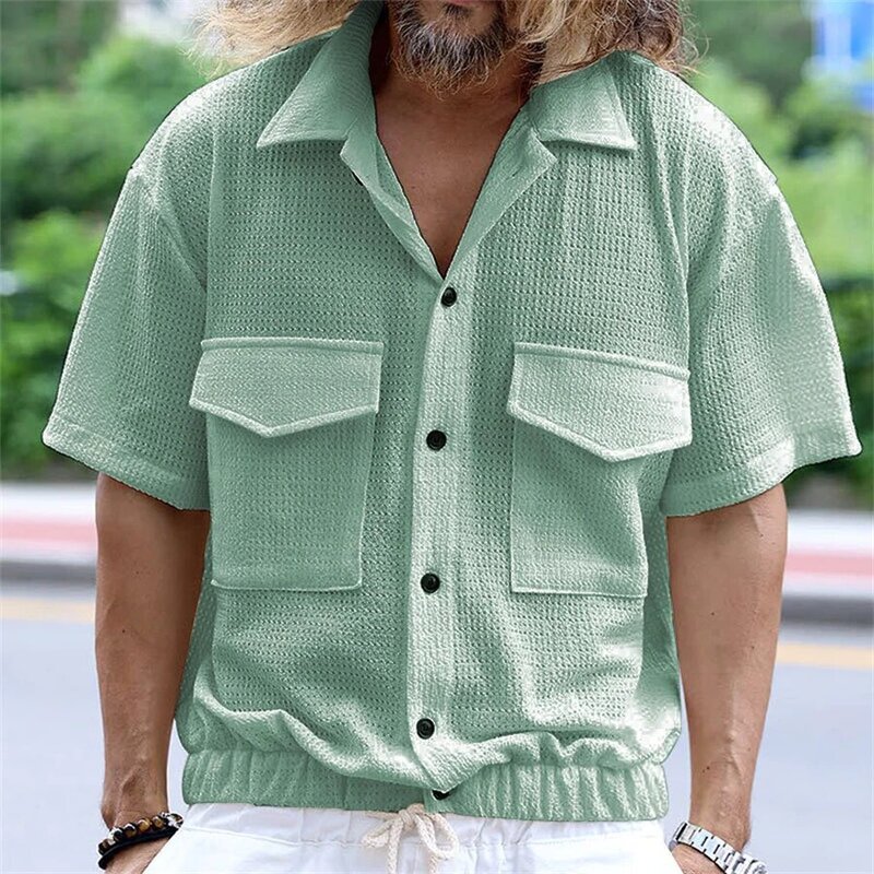 캐주얼 남성 반팔 셔츠 포켓 디자인 비치 셔츠, 느슨한 단추 업 라펠 탑, 남성 의류 스트리트웨어 가디건 티셔츠