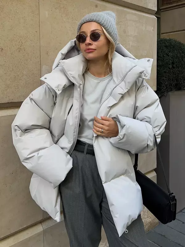 하이 퀄리티 여성용 루즈 두꺼운 후드 지퍼 파카 코트, 단색 캐주얼 따뜻한 포켓 아웃웨어, 2023 겨울 패션