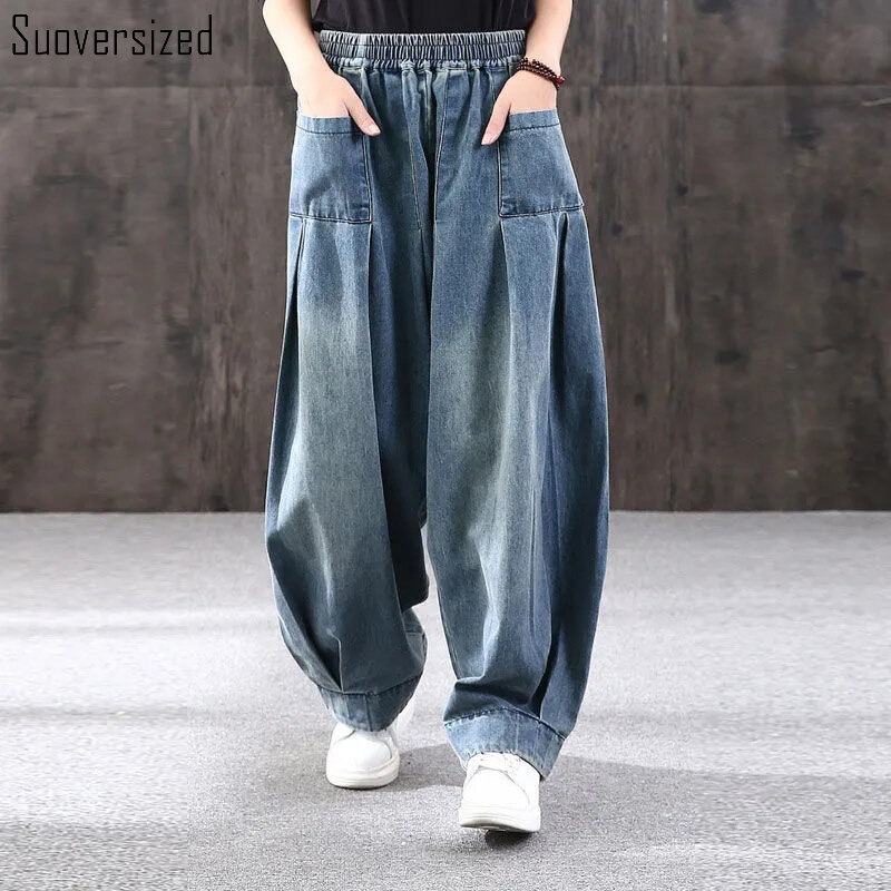 Jeans baggy vintage para mulheres, calças largas de cintura alta, calças jeans elásticas, roupas casuais, grandes, 110kg