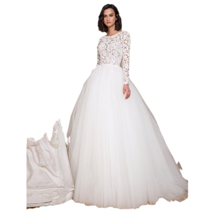 우아한 얇은 명주 그물 레이스 백리스 볼 가운, 환상 웨딩 드레스, 2024 스윕 트레인, 전체 소매 신부 가운