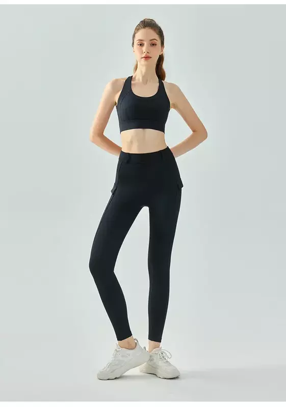 Pantaloni da Yoga attillati nudi a media resistenza pantaloni sportivi a vita alta da donna pantaloni da Fitness ad asciugatura rapida con tasca elastica alta