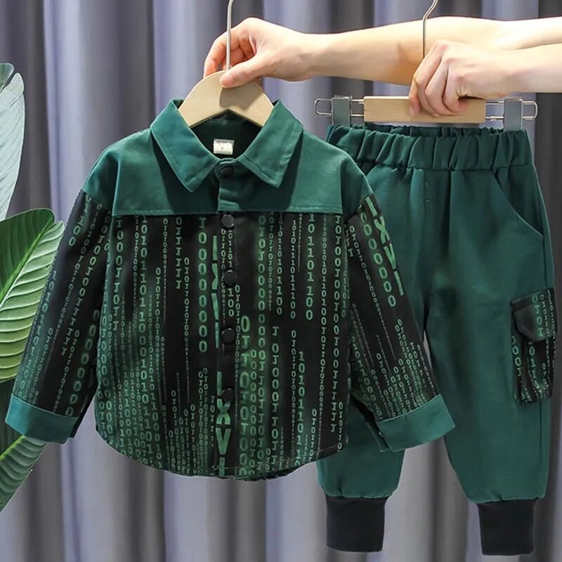 Boy Clothes Set Spring Autumn New Korean Children's Lapel Long Sleeve Shirt+Pocket Pants Kids Baby Outfits 2-9Y