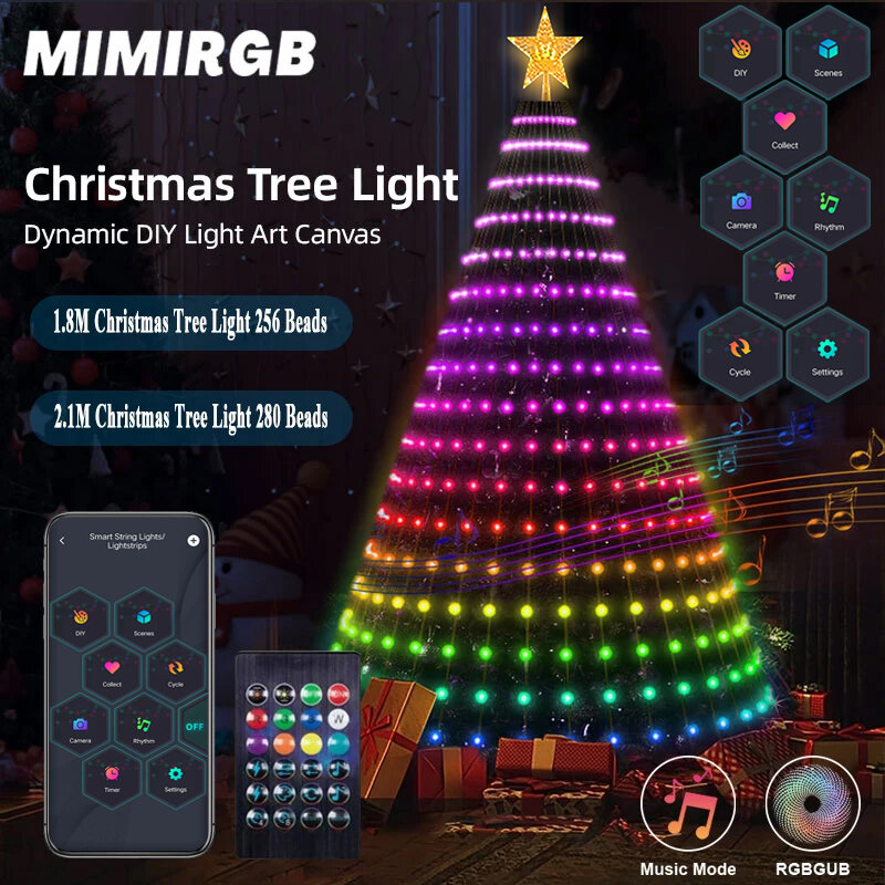 Luzes de Natal, RGB LED String Light, Controlo Remoto para Aplicações, Ritmo Musical, Xmas Holiday Decor, RGB, 1.8m, 2.1m, 256, 280